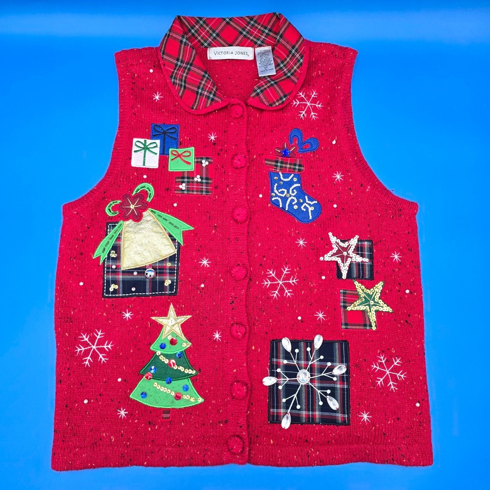 Victoria Jones Red Christmas Tree Stocking‎ Bell Sweater Vest Women's Size L vtg